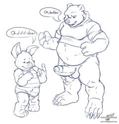 2boys after_sex aftermath anthro balls ballsack bear black_and_white body_fur bottomless bulge chubby claws clothed clothing cum cum_covered cum_on_chest cum_on_face cum_on_ground cum_string dialogue disney duo erect_penis erection_under_clothes excessive_cum foreskin gay half-dressed humanoid_penis line_art looking_at_self looking_down male male_only mammal mature_male messy monochrome musclegut pantsless partially_retracted_foreskin penis penis_outline pig piglet pooh_bear porcine post_transformation scrotum shirt size_difference sketch skin_tight_suit smooth_fur standing tank_top testicles text transformation uncut winnie_the_pooh_(franchise) wolfblade yaoi