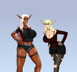 steelknigh 2girls original original_character goth goth_girl elf elf_ears elf_female elf_girl dark_elf dark_elf_female clothing clothed looking_at_viewer sharp_teeth sharp_fingernails long_hair makeup watermark