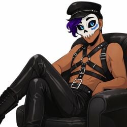 1boy ai_generated bl blue_hair dark-skinned_male dark_skin demigod far_fetched gay gay_male leather leather_daddy legs_crossed male male/male male_only skeleton skull skull_mask tan_body twink twink_top undercut yaoi
