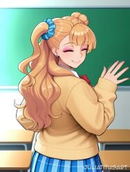 ai_generated artist_name asymmetrical_hair bangs blonde_hair blue_scrunchie blue_skirt bow breasts cardigan chalkboard classroom closed_eyes desk earrings eyeliner eyeshadow female galko gyaru hair_bun hair_ornament hair_scrunchie indoors jewelry juliatitusart kogal long_hair looking_back makeup nail_polish one_side_up plaid plaid_skirt pleated_skirt school_desk school_uniform scrunchie single_side_bun skirt smile solo stud_earrings waving