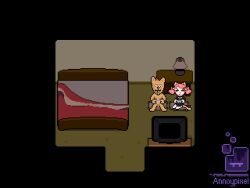 accurate_art_style after_sex annoypixel bed bedroom burgerpants deltarune dialogue female furry_female furry_male mad_mew_mew male naked pixelated playing_videogame tv undertale undertale_(series) watermark