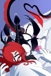 1girls armbinder arms_behind_back bondage bound bound_arms bound_legs bound_wings demon demon_girl demon_horns demon_wings female female_focus femsub gag gagged harness_gag heart-shaped_pupils horns nipple_piercing nipple_rings open_mouth open_mouth_gag piercing red_hair ring_gag rope saila tongue tongue_out wings yellow_eyes