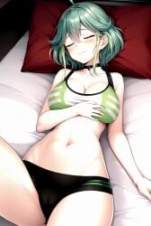 1girl ahoge ai-created ai_generated animated bangs bed bed_sheet black_choker black_shorts blush bodily_fluids boyshort_panties boyshorts bra breasts choker clavicle cleavage closed_eyes clothing female female_only green_bra green_clothing green_hair green_underwear groping_breasts hand_on_chest hand_on_own_chest large_breasts looking_at_viewer lying medium_breasts midriff moaning mp4 navel no_audio on_back on_bed open_mouth pantsu pillow pixiv portrait rena_aikawa_(pixiv_user) rin_(yu-gi-oh!_arc-v) self_grope shirt short_hair short_shorts shorts sleeping smile solo sports_bra sportswear stomach sweat swimsuit tagme underwear video wet_dream yu-gi-oh! yu-gi-oh!_arc-v