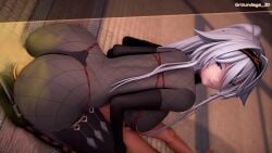 1boy 1girls 3d 3d_(artwork) ass ass_focus azur_lane blonde_hair blue_eyes bodysuit facesitting fart fart_fetish farting farting_in_face farting_on_face groundage huge_ass koikatsu kunai ninja sovetsky_soyuz_(azur_lane) underwear white_hair white_skin