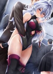 ahoge black_gloves bodysuit breasts chikan clothing_cutout commentary_request commission crowd double-parted_bangs female fingerless_gloves gloves grabbing_another's_breast grey_hair groping hair_between_eyes hair_intakes highres kagura_yuuto long_hair medium_breasts molestation necktie original over-kneehighs red_eyes red_necktie skirt stomach_cutout suit sweat tearing_up tears thighhighs white_hair