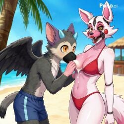 1boy 1girls ai_generated animatronic anthro_only avian avian_humanoid beach cyan_horns drinking_milk fanfiction feathered_wings feathers female fnaf fox funtime_foxy_(fnaf) furry_only grey_body grey_feathers heterosexual male male/female mangle_(fnaf) milk oral orange_eyes pink_body purple_ears red_bikini straight the_last_guardian trico trico_(character) trico_(the_last_guardian) white_body