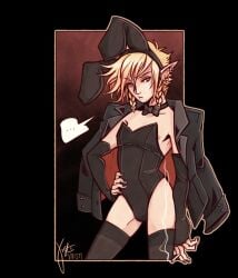 1boy 2026 artist_name artist_signature birdhaven black_nail_polish black_nails blonde_hair bowtie bowtie_collar braided_hair bulge bunny_boy bunnysuit cigarette crossdressing ear_piercing final_fantasy_xiv fingerless_elbow_gloves jacket jacket_on_shoulders male male_focus male_only nail_polish nipple nipple_slip pinup pinup_boy pointy_ears solo solo_focus solo_male thighhighs twink voxer vvisti