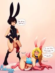 2016 2boys 5_fingers after_sex androgynous animal_ears animal_genitalia animal_penis big_penis bimbo black_hair blonde_hair blue_eyes blush bowtie bunny_boy bunny_ears bunny_tail bunnysuit cum dialogue duo english_text equine_penis erection eyeshadow femboy girly gradient_background highres horsecock humanoid lipstick long_ears long_hair makeup male male_only mammal medial_ring modeseven mutation penis precum seymore short_hair simple_background speech_bubble sweat testicles text transformation trap trap_on_trap uncut vein veiny_penis wink yaoi