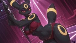 ai_generated anthro clothing eeveelution female indoors inside looking_at_viewer looking_pleasured nightclub pokemon pokemon_(species) pole pole_dancing solo standing topwear umbreon underwear