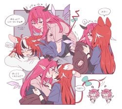 2girls animal_ears black_hair black_horns blue_eyes eye_contact french_kiss futa_with_female futanari hakos_baelz heterochromia highres hololive hololive_english horns implied_futanari irys_(hololive) kissing long_hair looking_at_another mouse_ears multicolored_hair multiple_girls multiple_views one_eye_closed pink_hair pointy_ears ramphastostella red_eyes red_hair speech_bubble tolihosi translation_request virtual_youtuber white_hair