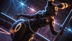 ai_generated anthro clothing eeveelution female indoors inside looking_at_viewer looking_pleasured nightclub pokemon pokemon_(species) pole pole_dancing solo standing topwear umbreon underwear