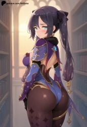 1girls ai_generated ass ass_focus big_ass breasts clothed female female_only genshin_impact library light-skinned_female looking_at_viewer medium_breasts mona_(genshin_impact) mrboke perfect_body shy solo sunset uncensored