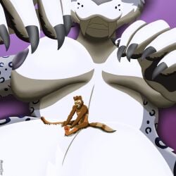 animal_genitalia anthro balls belly belly_rub big_breasts big_claws breasts claws danger domestic_ferret duo fangs felid female genitals grin hi_res macro macro_female male male/female mammal micro micro_male mustelid musteline nipples nude nude_female nude_male pantherine sabertooth_(anatomy) sheath smile snow_leopard teeth toothy_grin true_musteline weasel weaselclaw werther white_belly