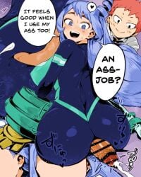 1boy 2d 2d_(artwork) 2girls accurate_art_style anime anime_style artwork_(digital) ass ass_focus ass_job assjob bad_cropping big_breasts big_gloves bisexual_female black_eyes blue_background blue_eyes blue_hair blush boku_no_hero_academia breasts breasts_visible_from_back brown_skin brown_skinned_male circumcised clueless cock colored comic comic_page confused cropped cropped_image cum cumming cumming_from_assjob cumshot curvy curvy_body curvy_figure curvy_hips dialogue dialogue_box dialogue_bubble doujinshi doujinshi_page ejaculating_cum ejaculation ejaculation_between_ass english english_dialogue english_text english_translation enjoying enjoying_sex fat_ass female female_on_male female_on_top ffm_threesome gloves hado_nejire haya_yuuyu hero hero_outfit_(mha) highres izuku_midoriya light-skinned_female long_hair male my_hero_academia nejire_hado nejire_hado_(hero_outfit) nipple_slip outside pink_hair r-one reupload rubbing_pussy school_swimsuit schoolgirl_uniform short_hair sitting_on_penis skinny_arms smiling straight suit teenage_female teenage_girl teenage_male teenager teenager_on_teenager text_box text_bubble thick_ass thick_cum thick_penis thick_thighs threesome translated watching watching_sex white_skin young yuyu_haya