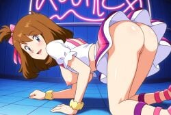 ai_generated ass blouse bows breasts brown_hair buttocks doggy_style green_eyes haruka_(pokemon) idol may_(pokemon) may_(pokemon_oras) neckline neon_lights nightclub nipples pokemon pokemon_oras sexy sexy_body sexy_cleavage sexy_pose sexy_smile showing_ass skirt things