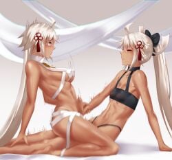 1boy 1girl ahoge bare_shoulders bikini black_bikini bow breasts closed_eyes cojohn commentary covered_nipples dark-skinned_female dark_skin fate/grand_order fate_(series) girl_on_top hair_bow hetero highres long_hair medium_breasts navel okita_souji_(fate) okita_souji_alter_(swimsuit_saber)_(fate) okita_souji_alter_(swimsuit_saber)_(second_ascension)_(fate) orange_eyes rengoku_(fate) sex straddling swimsuit tassel thighs upright_straddle very_long_hair white_bikini white_hair