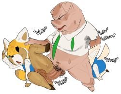 absurd_res aggretsuko ailurid anal anal_sex anthro bodily_fluids bottomless canid canine closed_eyes clothed clothing director_ton duo female fennec_fox fenneko fox hi_res kotaro_tbom male male/female mammal oral partially_clothed penetration pubes red_panda retsuko rimming sanrio sex suid suine sus_(pig) tears true_fox
