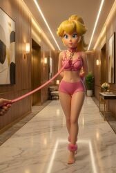 1girls 3d ai_generated ankle_cuffs barefoot blonde_female blonde_hair blue_eyes collar leash leash_and_collar leash_pull light_skin mario_(series) ponytail princess_peach shorts tight_clothing tubetop wrist_cuffs