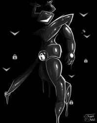 2026 deltarune dripping glistening glistening_body goo_creature hi_res latex_creature lock_bulge lock_symbol melee_weapon null_bulge riggedreded roaring_knight squeaking sword throbbing undertale_(series) weapon