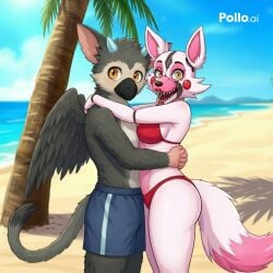1boy 1girls ai_generated animatronic anthro_only beach belly_to_belly cyan_horns fanfiction feathered_wings feathers female fnaf fox funtime_foxy_(fnaf) heterosexual hug male male/female mangle_(fnaf) orange_eyes pink_body purple_ears red_bikini romantic the_last_guardian trico trico_(character) trico_(the_last_guardian) white_body