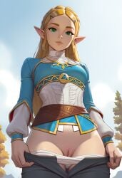 1girl 1girls ai_generated background bangs blonde-haired_female blonde_female blonde_hair blue_sky bottomless braid braided_hair breath_of_the_wild cleft_of_venus clothes clothing cloud clouds female female_only girl gold_hair golden_hair green_eyes hair hairclip hairclips hylian hylian_ears labia labia_majora light-skinned_female light_skin long_ears long_hair long_sleeves looking_at_viewer looking_down low-angle_view mostly_clothed mostly_clothed_female pale-skinned_female pale_skin panties panties_down pants pants_down panty_pull pointed_ears pointy_ears presenting presenting_pussy princess_zelda pulling_down_pants pulling_panties pussy pussy_lips pussy_peek showing_pussy sidelocks sky smile smile_at_viewer smiling smiling_at_viewer solo solo_female standing the_legend_of_zelda the_legend_of_zelda:_breath_of_the_wild topwear tree trees view_from_below viewed_from_below vulva vulva_line zelda zelda_(breath_of_the_wild)