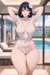 ai_generated armpits arms_behind_head bangs belly_button black_hair bob_cut bow_panties building cameltoe carpet casual_clothes drapery_(clothing) female flower_in_hair glass_door hair_between_eyes hedge inner_sideboob large_breasts loose_top lounge_chair poolside revealing_clothes rgomez007 seductive_smile short_hair sideboob sky solo_female stable_diffusion thick_lips thick_thighs thong thong_panties tree white_clothing wide_hips
