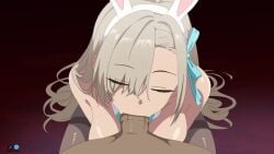 1boy 1girls :>= animal_ears animated asuna_(blue_archive) asuna_(bunny)_(blue_archive) blue_archive blue_ribbon breasts brown_hair closed_eyes english_commentary erection eyes_visible_through_hair fake_animal_ears fellatio female hair_over_one_eye hair_ribbon large_breasts long_hair official_alternate_costume oral penis playboy_bunny rabbit_ears ribbon sandtiage straight tagme uncensored video