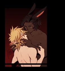 2026 2boys artist_name artist_signature birdhaven black_hair blonde_hair bunny_boy bunny_ears dark-skinned_male dark_skin ear_piercing erenville final_fantasy_xiv gay hand_on_chin male male/male male_only nipple no_sex pointy_ears shetona topless topless_male twink voxer vvisti yaoi