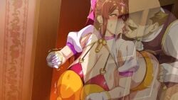 1boy arika_(bakunyuu_party) ass bakunyuu_party blush breasts collar fat fat_man female game_cg kissing large_breasts netorare nipples old old_man red_hair sex stealth_sex takeda_hiromitsu ugly_bastard