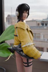 1girls 3d ass ass_focus bahamut0 balcony black_hair blender blurry_background final_fantasy_vii final_fantasy_vii_remake headphones headwear jacket legs legwear looking_at_viewer looking_back open_mouth outfit oversized_clothes petite pose ring skirt skirt_lift skirt_up smaller_female smile yuffie_kisaragi
