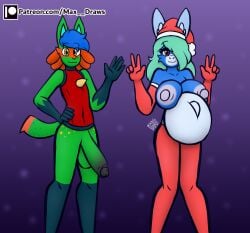 5_fingers absurd_res anthro areola balls big_breasts big_penis bodily_fluids breasts christmas clothed clothed/nude clothing cum cum_inside duo female fingers generation_4_pokemon genital_fluids genitals gesture hi_res holidays humanoid_genitalia inflation lagomorph leporid looking_at_viewer lucario male male/female mammal max_draws nintendo nude patreon penis pokemon pokemon_(species) rabbit standing waving