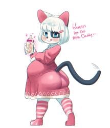 baby_bottle bodily_fluids bottle clothed clothing container cub cum cum_in_bottle cum_in_container domestic_cat english_text felid feline felis female furry futa_cub futanari genital_fluids hi_res humanoid intersex kuroneko_(artist) legwear maleherm_(lore) mammal meko pregnant pregnant_cub pregnant_futa solo stockings text