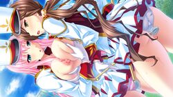 2girls :o ass band_uniform bangs baton between_thighs blazer blue_eyes blush breast_grab breast_press breasts breasts_out brown_hair buttons censored cloud cowboy_shot crotch_rub deep_skin dutch_angle female game_cg glint gloves green_eyes hair_bobbles hair_ornament hat holding kaneshiro_wataru kyuuhouji_natsumi large_breasts long_hair long_sleeves looking_at_another low_twintails marching_band_uniform miniskirt moaning mosaic_censoring multiple_girls nipples no_bra ootori_minamo open_clothes open_mouth oppai_gakuen_marchingband-bu!_?hatsujyohamedori_katsudounisshi? outdoors panties payot pink_hair pink_panties pleated_skirt profile public public_nudity raised_eyebrows shako_cap skirt sky standing striped striped_panties sweat symmetrical_docking tied_hair twintails underwear uniform very_long_hair wavy_hair white_gloves white_panties yuri