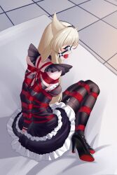 1girls arms_behind_back armwear blonde_hair blue_eyes bondage bound bound_ankles bound_arms bound_legs bound_wrists choker dress drool drooling female female_only femsub fully_clothed gag gagged harness_gag high_heels nylons rope saila skindentation