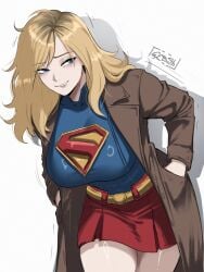 absurdres alternate_breast_size_(larger) artist_name big_breasts blonde_hair blue_bodysuit blue_eyes bodysuit breasts brown_coat buttons coat commentary covered_collarbone dc dc_comics dcu english_commentary female female_only gy_beth gybeth hands_in_pockets highres kara_danvers kara_zor-el lapels large_breasts long_hair long_sleeves looking_ahead miniskirt open_clothes open_coat red_skirt shadow simple_background skirt smile solo standing supergirl supergirl_(dcu) superhero_costume superman_(2025) superman_(series) teeth thighs white_background