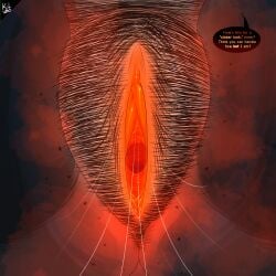 anthro artist_name bodily_fluids canid canid_demon canine demon dialogue digital_drawing_(artwork) digital_media_(artwork) english_text female first_person_view genital_fluids genitals glistening glistening_genitalia glistening_vulva glowing glowing_genitalia glowing_vulva hellhound hi_res light lighting mammal musk musk_cloud musky_vulva mythological_canine mythological_creature mythology overweight overweight_anthro overweight_female presenting presenting_vulva pubes shaded solo speech_bubble talking_to_viewer text vulva xikitsune