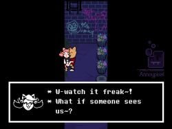 accurate_art_style alley animated annoypixel ass burgerpants cowgirl_position deltarune dialogue mad_mew_mew penis pixel_animation pixelated sprite undertale undertale_(series) watermark