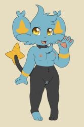 3_toes 4_fingers anthro anthrofied big_ears black_body black_fur blue_body blue_fur breasts casual_nudity cheek_tuft chest_tuft cute_fangs digital_media_(artwork) digitigrade facial_tuft fangs feet female fingers flat_colors friendlyfeesh front_view fur generation_4_pokemon genitals gesture head_tuft hi_res light_(bokurei) looking_at_viewer multicolored_body multicolored_fur nintendo nipples nonbinary_(lore) nude pawpads pokemon pokemon_(species) pokemorph shinx simple_background small_breasts smile solo standing tail tan_background teeth thick_thighs toes tuft vulva waving waving_at_viewer yellow_body yellow_eyes yellow_fur