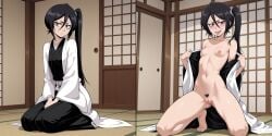 1girls ai_generated ambrose black_hair bleach blush flashing flashing_breasts flashing_pussy heart-shaped_pubic_hair indoors kimono kuchiki_rukia long_hair looking_at_viewer naughty_face petite pink_nipples purple_eyes self_upload side_ponytail skinny small_breasts stable_diffusion teasing