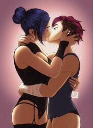 2girls arcane arcane_caitlyn arcane_vi artist_request athletic athletic_female bandage bandaged_arm blue_hair boob_window caitlyn_kiramman canon_couple closed_eyes clothing couple cute ear_piercing ear_ring earrings embrace embracing embracing_another female female_focus female_only females females_only garter_belt garter_straps girls girls_only hair_bun hair_tied kissing league_of_legends lesbian_kiss long_hair love loving_couple loving_embrace making_out mostly_clothed muscular muscular_female partially_nude red_hair riot_games romantic romantic_couple shaved_side short_hair shorter_female taller_female tank_top tanktop tattoo thighhighs thighs vi vi_(league_of_legends) woman woman_only women yuri