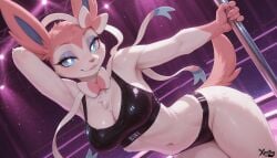 ai_generated anthro clothing eeveelution female indoors inside looking_at_viewer looking_pleasured nightclub pokemon pokemon_(species) pole pole_dancing solo standing sylveon topwear underwear