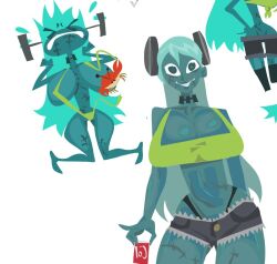 original original_character tagme tagme_(artist) artist_request zombie zombie_girl green_hair green_skin green_eyes closed_eyes startled bikini accidental_exposure crab breasts large_breasts slim_waist wide_hips thick_thighs semi_nude cleavage topwear panties shorts looking_at_viewer long_hair holding_object smile stitches
