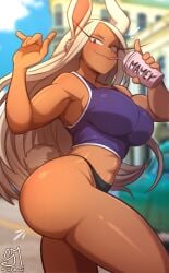 1girl abs absurdres animal_ears artist_name ass black_panties boku_no_hero_academia breasts cup dark-skinned_female dark_skin drink drinking_straw highres large_breasts long_eyelashes long_hair looking_at_viewer mirko miruko muscular muscular_female my_hero_academia panties rabbit_ears rabbit_girl rabbit_tail red_eyes rumi_usagiyama semi_draws semidraws smile sports_bra tail thick_thighs thighs underwear white_hair wide_hips