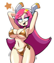 armpits arms_behind_head blush contrapposto curvy gold_bikini humanized kevinarthurls kirby_(series) large_breasts legs_apart looking_to_the_side smile susie_(kirby) thick_thighs wide_hips