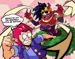 2025 artist_request background big_breasts black_hair brawl_stars bush colt_(brawl_stars) curvy_figure demon demon_emz_(brawl_stars) demon_girl demon_horns dialogue duo emz_(brawl_stars) english_text female male male/female painted_nails red_body red_hair red_skin running sharp_teeth skull_head skull_mask straight succubus voluptuous_female