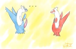 animal_genitalia blush closed_eyes duo embarrassed female feral flying latias latios legendary_pokemon male nintendo penis plain_background pokemon pokemon_(species) pussy smile tapering_penis video_games vithanaeko yellow_background