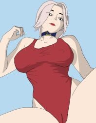 1girls 2d big_ass big_breasts big_pussy black_eyes brawl_stars choker choking colette_(brawl_stars) erect_nipples erection gray_hair lipstick looking_at_viewer red_lipstick shadow solo supercell swimsuit swimsuit_colette_(brawl_stars) wet wet_pussy white_hair