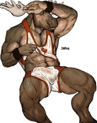 1boy 5_fingers anthro armpits blush body_hair cervine chest_hair closed_eyes clothes equine_legs facial_hair gym_shorts hair happy_trail male male_only mammal moose muscles penis raising_shirt shirt shorts skaffold solo sweat tank_top wet_clothes wristband