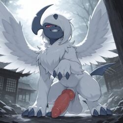 ai_generated nintendo pokemon absol generation_3_pokemon mega_absol mega_evolution pokemon_(species) animal_genitalia balls big_balls big_penis canine_genitalia claws feral genitals hair hair_over_eye horn knot male narrowed_eyes neck_tuft one_eye_obstructed penis red_eyes saggy_balls sheath smile solo tail tail_motion tailwag tuft wings