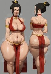ai_generated taiga20 bottom_heavy thick_thighs thick thick_ass fat_ass ass big_ass breasts female butt bubble_butt voluptuous voluptuous_female curvy cellulite oiled mole_on_ass loincloth topwear big_breasts areolae cameltoe avatar_the_last_airbender azula black_hair hazel_eyes curvy_figure